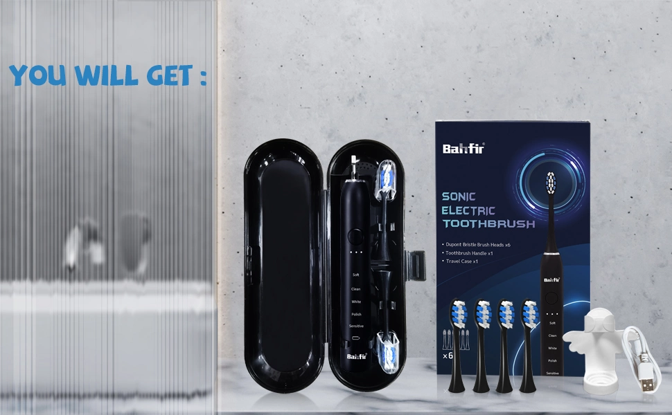 Sonic Electric Toothbrush for Adults and Kids - Bafir Rechargeable Power Toothbrushes - Travel Tooth Brush with 6 Replacement Brush Heads, Travel Case