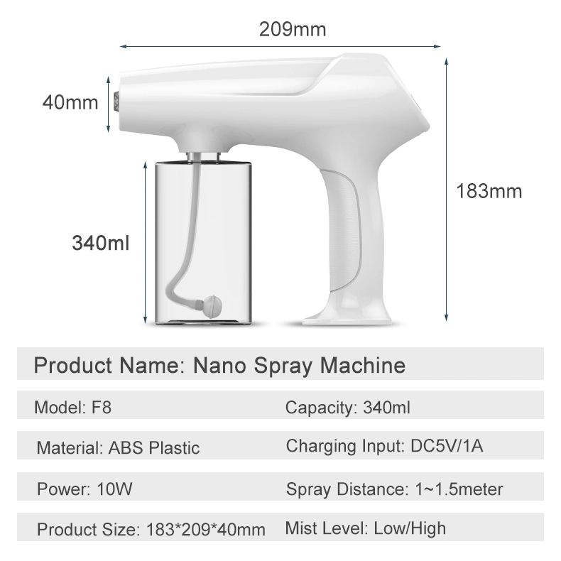 340ml Small 1800mAh Disinfection Strong Blue Light Anti Clogging Long Nozzle Cordless Nano Mist Spray Gun Sprayer F8